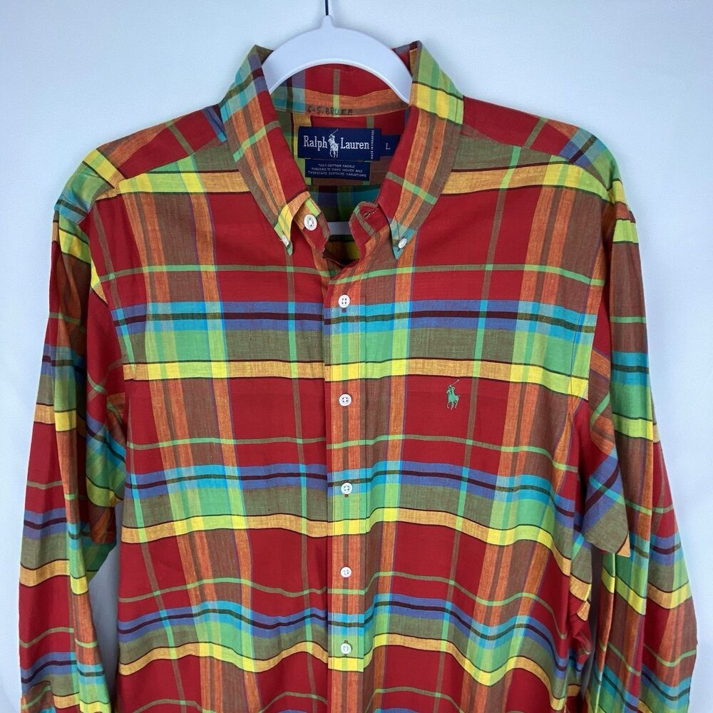 VTG Ralph Lauren Indian Madras Shirt Mens L Hand‎ Woven Plaid Button Down Preppy - Picture 2 of 13